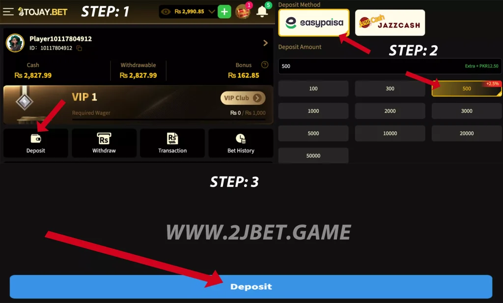 Deposit in 2J Bet game